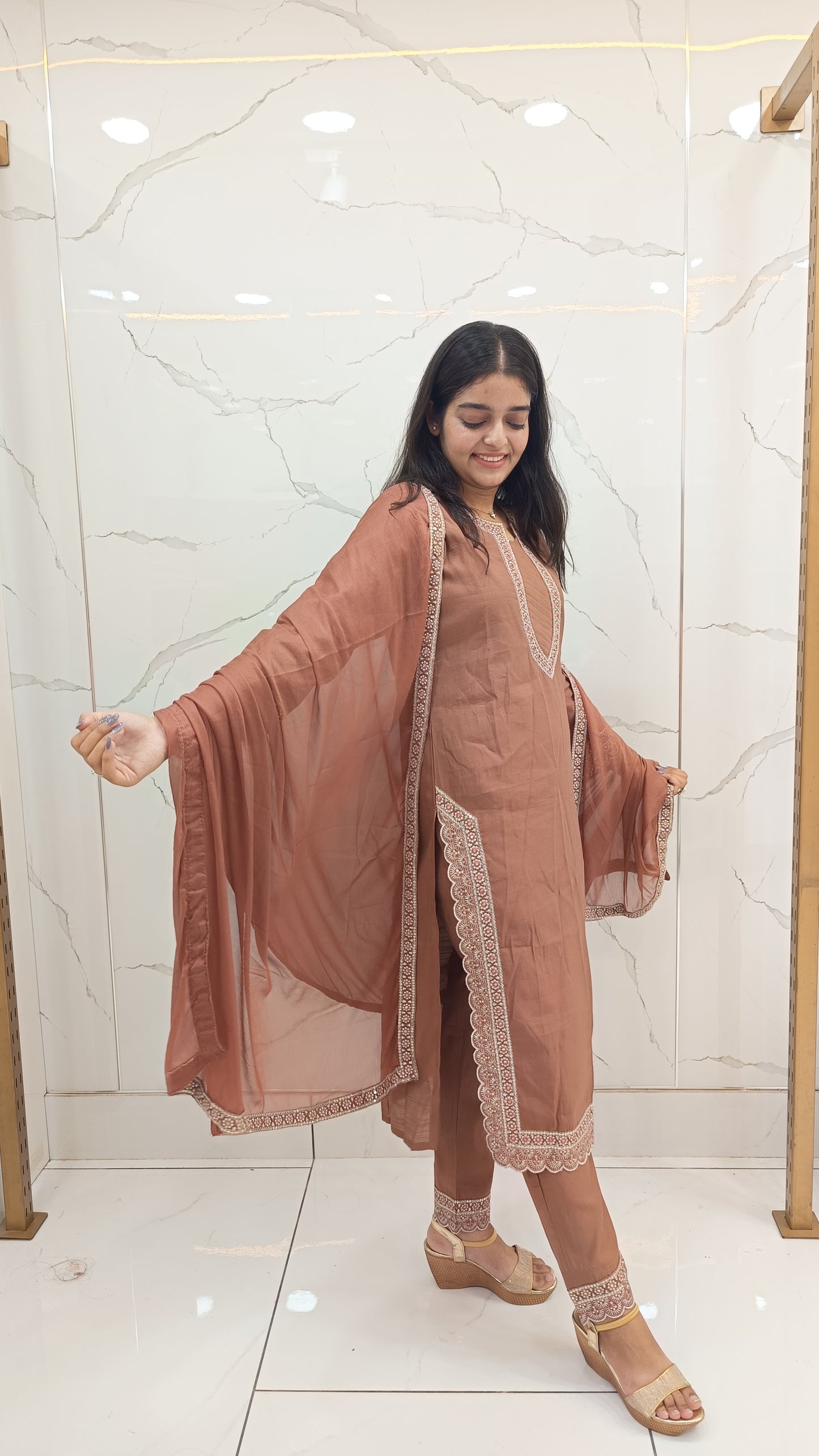 Women’s Brown Muslin Printed Anarkali Kurta Set with Dupatta