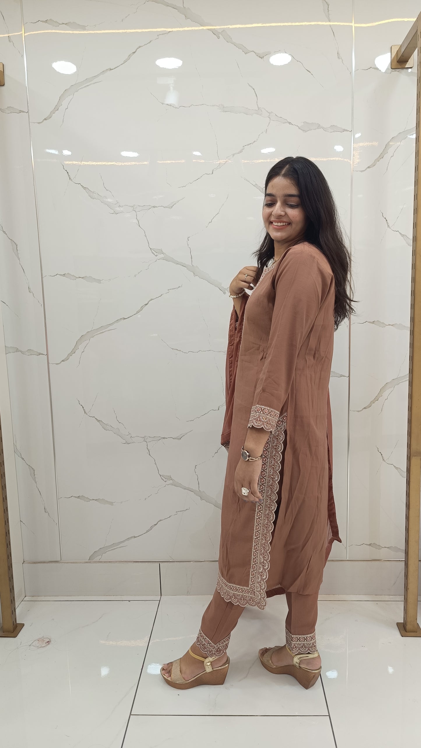 Women’s Brown Muslin Printed Anarkali Kurta Set with Dupatta