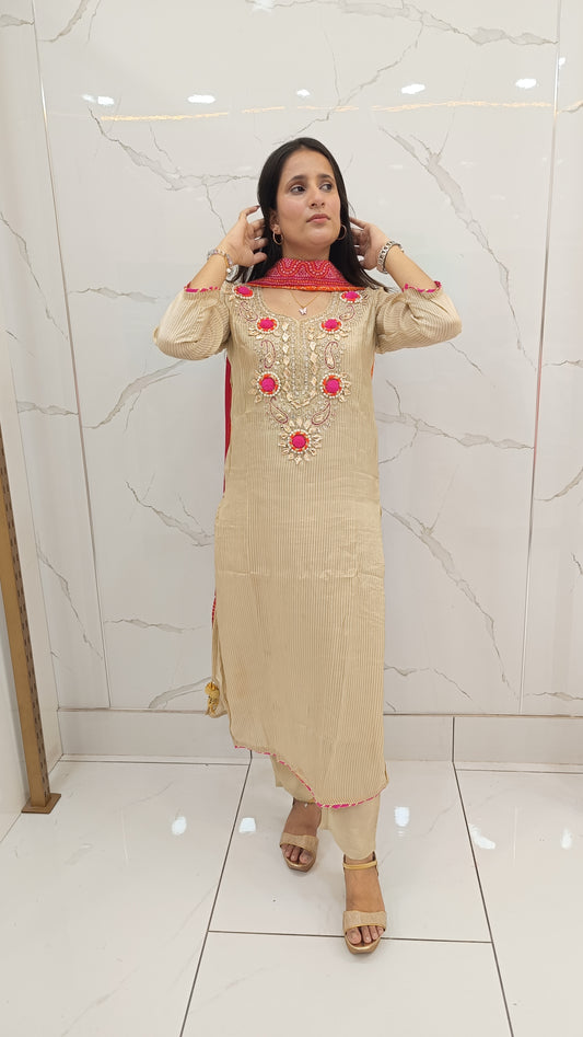 Beige Embroidered Kurta Set with Bandhani Dupatta