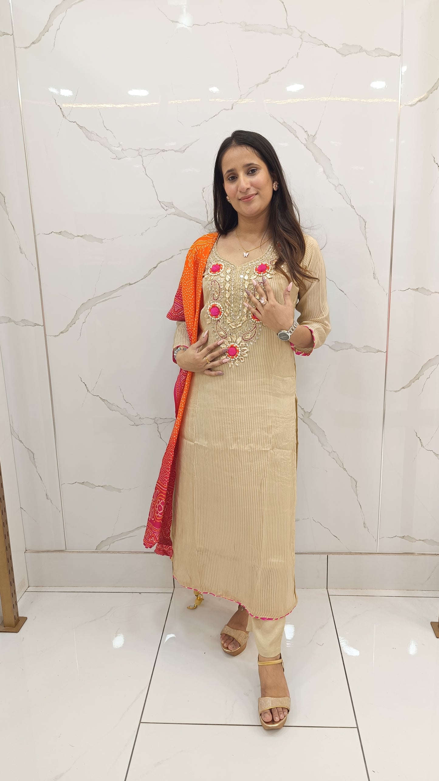 Beige Embroidered Kurta Set with Bandhani Dupatta