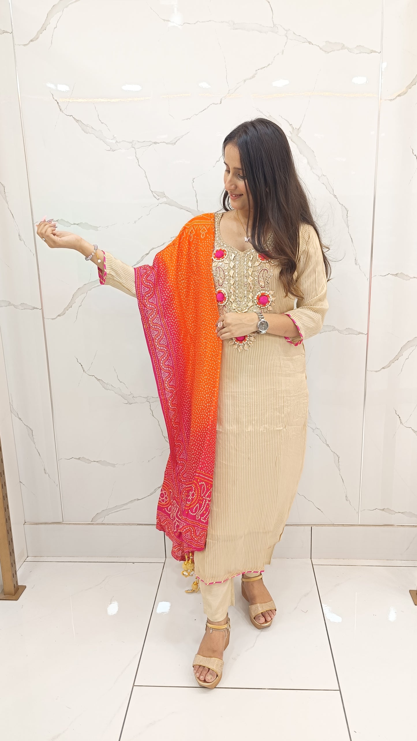 Beige Embroidered Kurta Set with Bandhani Dupatta