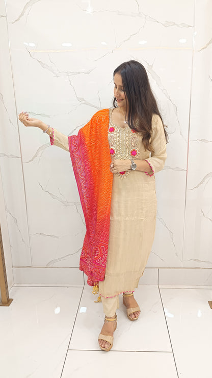 Beige Embroidered Kurta Set with Bandhani Dupatta