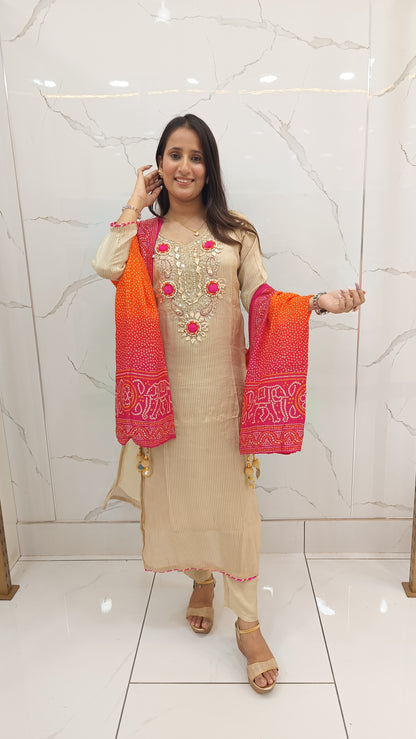 Beige Embroidered Kurta Set with Bandhani Dupatta