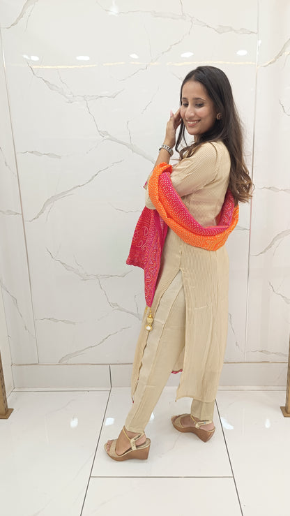 Beige Embroidered Kurta Set with Bandhani Dupatta