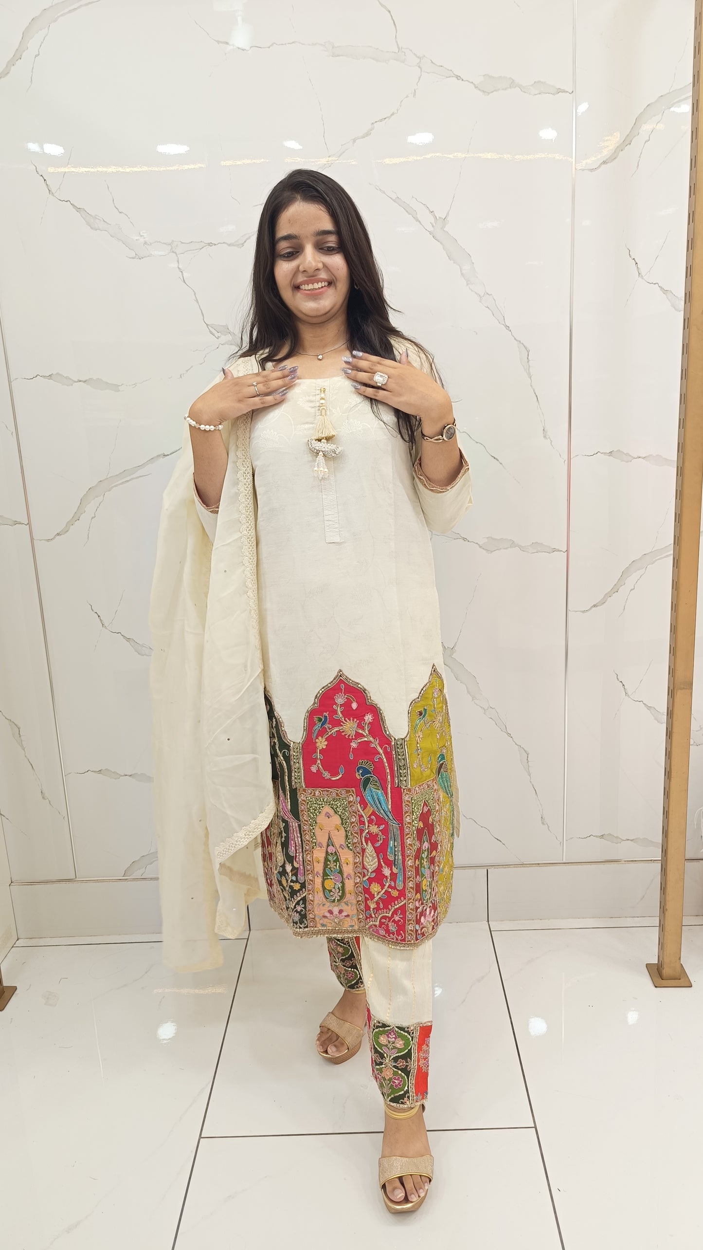 Off-White Dola Silk Kurta Set with Multicolor Embroidered Panels | Women’s Ethnic Wear