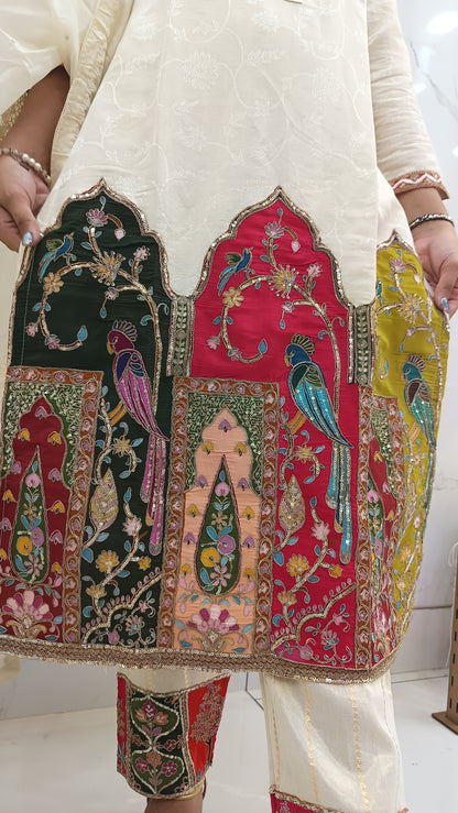 Off-White Dola Silk Kurta Set with Multicolor Embroidered Panels | Women’s Ethnic Wear