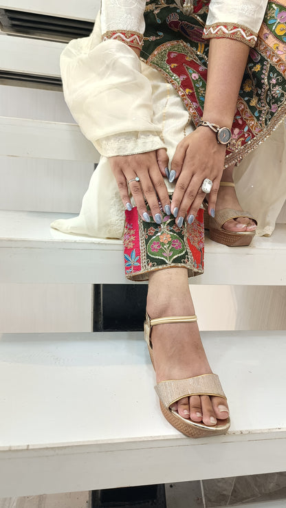 Off-White Dola Silk Kurta Set with Multicolor Embroidered Panels | Women’s Ethnic Wear
