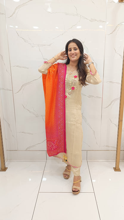 Beige Embroidered Kurta Set with Bandhani Dupatta