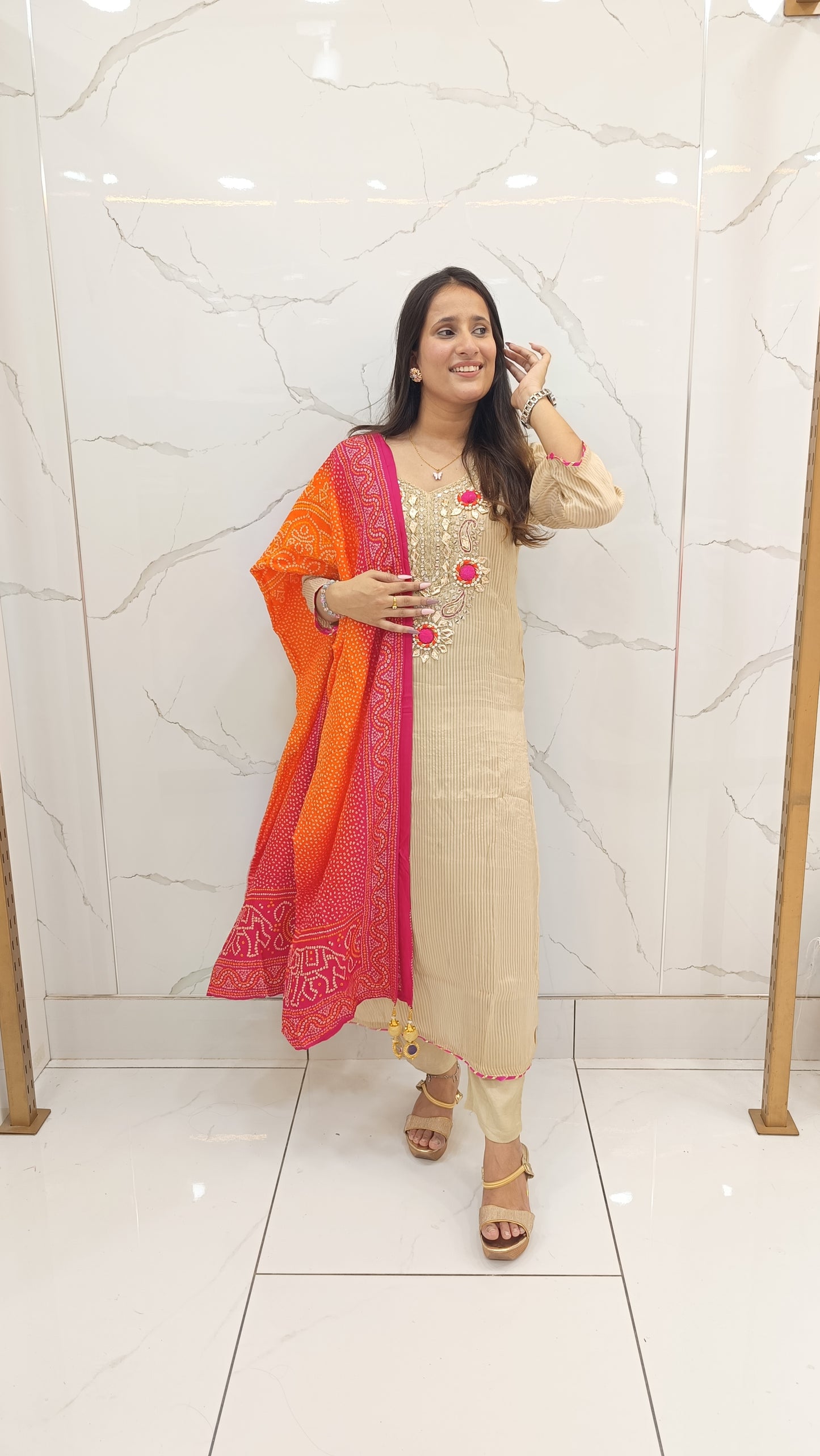Beige Embroidered Kurta Set with Bandhani Dupatta