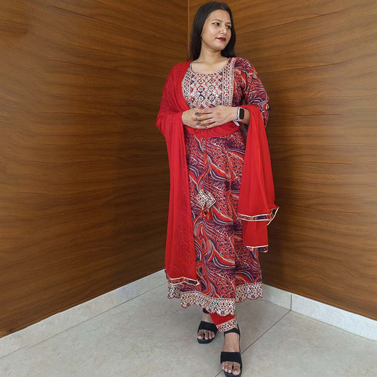 Pahnawaa Red Anarkali Suit Set with Round Neck