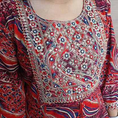 Red Pure Cotton Anarkali Suit with Neck Design & Dupatta Set