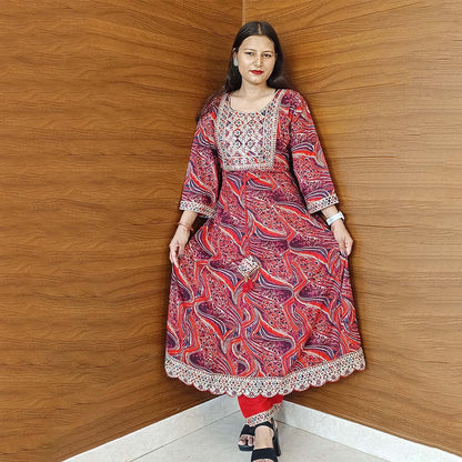 Red Pure Cotton Anarkali Suit with Neck Design & Dupatta Set