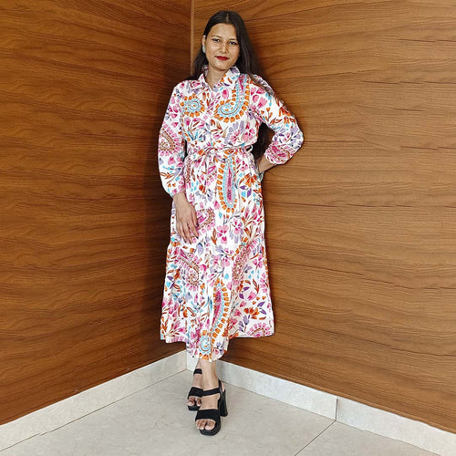 Pahnawaa Multicolour Printed Middi with V-Neck & Collar