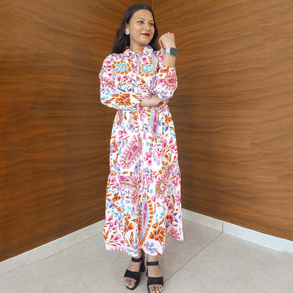 Pahnawaa Multicolour Printed Middi with V-Neck & Collar