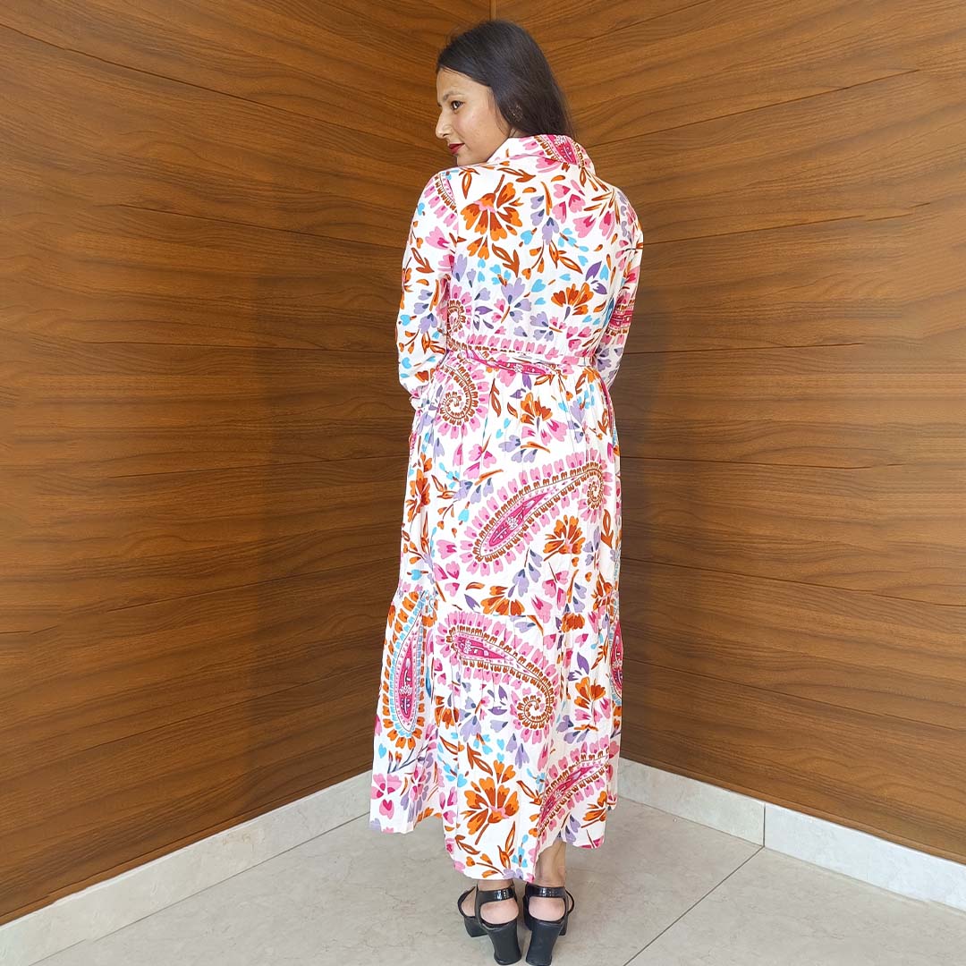 Pahnawaa Multicolour Printed Middi with V-Neck & Collar