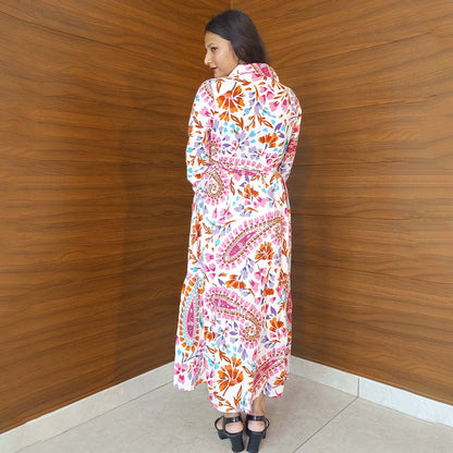 Pahnawaa Multicolour Printed Middi with V-Neck & Collar