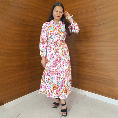 Pahnawaa Multicolour Printed Middi with V-Neck & Collar