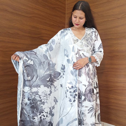 Pahnawaa White Grey Anarkali Suit Set with V-Neck Angrakha Design