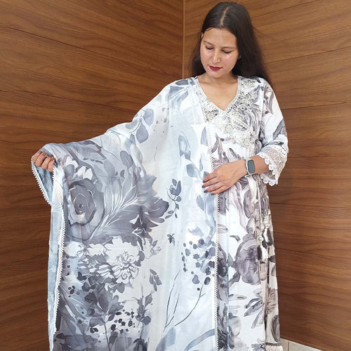 Pahnawaa White Grey Anarkali Suit Set with V-Neck Angrakha Design