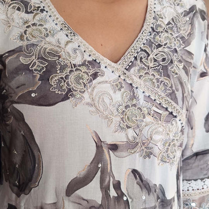 Pahnawaa White Grey Anarkali Suit Set with V-Neck Angrakha Design