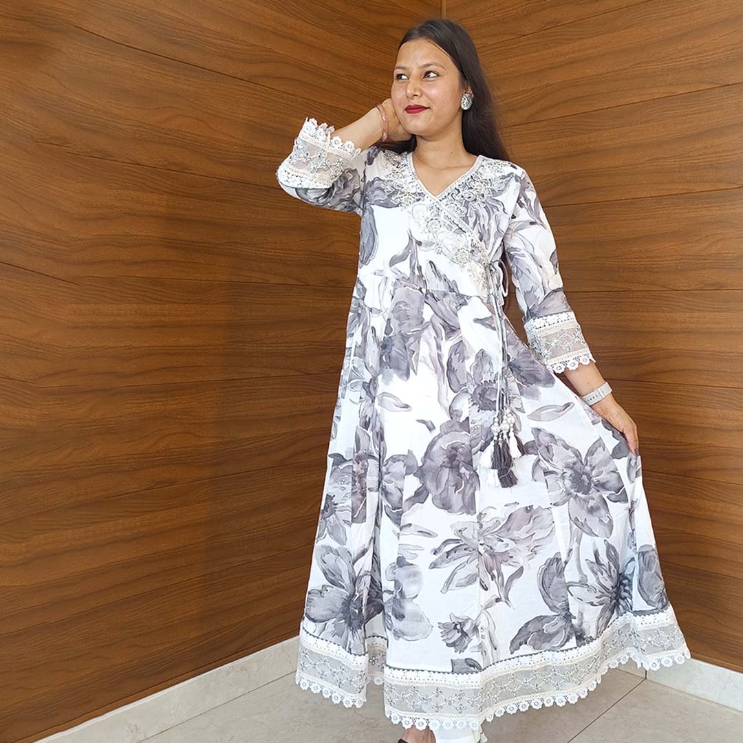 Pahnawaa White Grey Anarkali Suit Set with V-Neck Angrakha Design