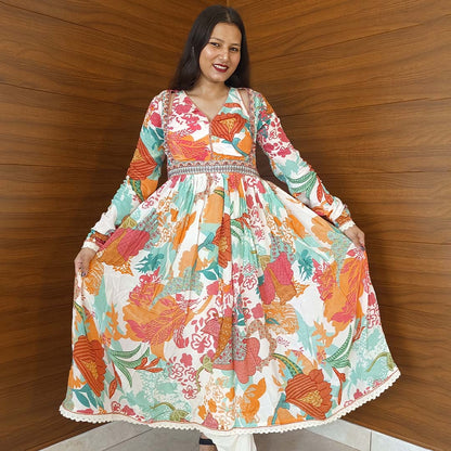 White MultiColour Silk Anarkali Suit with Side Shoulder Cut & Dupatta Set
