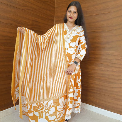 Pahnawaa Yellow Anarkali Suit Set with V-Neck (Angrakha Design)