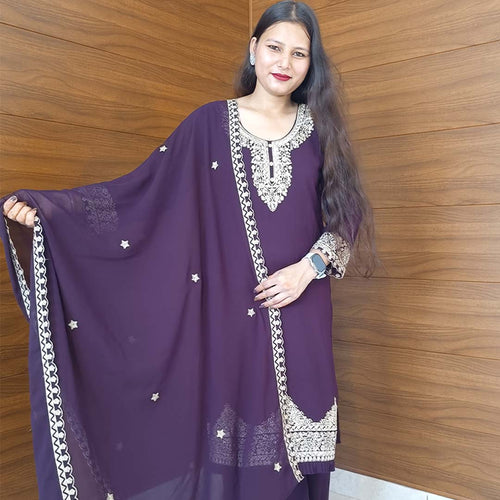 Pahnawaa Dark Purple Suit Set with Round Neck