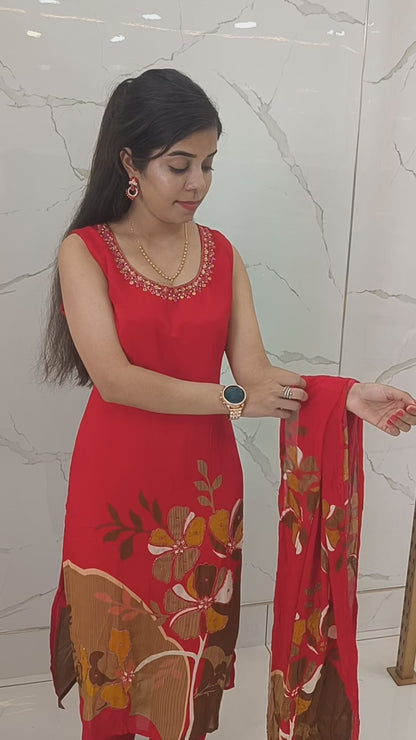 Women’s Red Chinnon Kurta Set with Dupatta