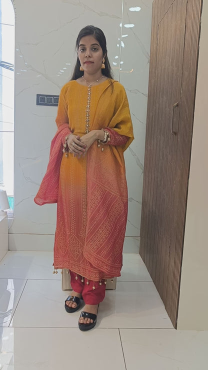 Women’s Yellow Red Chinnon Kurta Set with Dupatta
