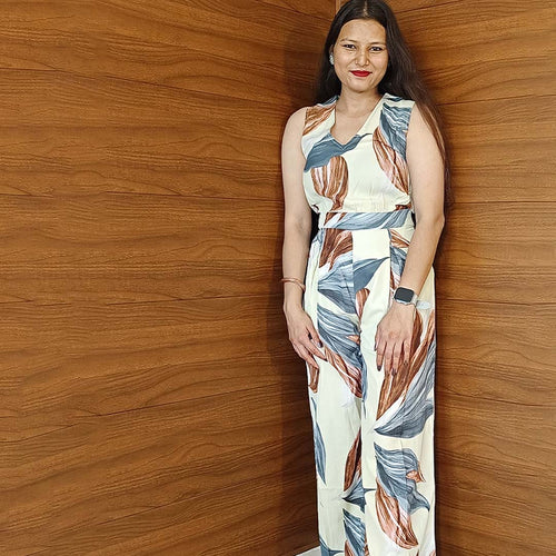 Pahnawaa Cream Printed Cotton Mix Jumpsuit